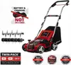 A collage of a red electric lawn scarifier/aerator and its accessories, with marketing text and logos. Produktbild-Vorschau