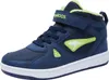 A single blue high-top sneaker with green accents and white sole is shown against a white background.