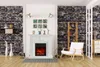 A living room scene with a fireplace, armchair, and shelving unit. Produktbild-Vorschau