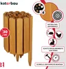 A bundle of wooden garden edging stakes is shown, with various marketing icons and text on the right side. Produktbild-Vorschau
