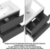 A split image showing two views of a bathroom vanity with drawers open, highlighting internal differences. Produktbild-Vorschau