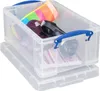 A transparent storage box with blue handles, filled with various items including a colorful pencil case and other accessories. The box is placed on top of another identical box lid. Náhled obrázku produktu