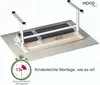 The underside of a height-adjustable desk is shown, with a stopwatch graphic indicating assembly time. Produktbild-Vorschau