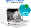 A mini dishwasher with its door open, showing dishes inside, next to a graphic of a water droplet falling into ripples. Produktbild-Vorschau