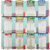 A set of twelve empty mini marmalade jars arranged in three rows of four, each with a different colored checkered lid. Voir les images du produit