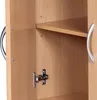 Close-up view of the interior of a wooden cabinet, showing a shelf, a hinge, and handles. Náhľad obrázku produktu