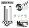 Product details for sausage stuffing tubes, including icons for dishwasher, reuse, high quality, and stainless steel. Produktbild-Vorschau
