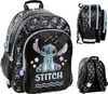 A collage of a black backpack with a Stitch character design, showing the front, side, and back views. Produktbild-Vorschau
