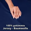 A hand resting on a dark blue fabric, with text overlay. Produktbild-Vorschau