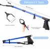 A collage of images showing a blue trash grabber tool and its features. Produktbild-Vorschau