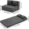 Two views of a dark gray convertible sofa bed with dimensions labeled. Podgląd zdjęcia produktu