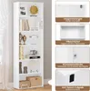 A white bookshelf with various items on its shelves, shown alongside marketing callouts. Produktbild-Vorschau