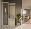 A hallway with a wooden furniture set including a mirror, coat hooks, and storage, next to a potted plant and leading into a living area with chairs and curtains. Produktbild-Vorschau