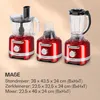 Three red kitchen appliances are displayed on a light beige background, with text providing their dimensions. Produktbild-Vorschau