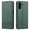 A green leather flip case for a Samsung Galaxy A14 5G phone, shown from the front and back. Produktbild-Vorschau