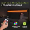 A bed with LED lighting in the headboard, a remote control, and feature callouts. Náhled obrázku produktu