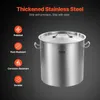 A large stainless steel pot with a lid and handles, presented against a dark background with feature callouts. Produktbild-Vorschau