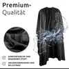 A black hairdressing cape with water splashing on it, next to a close-up of the fabric and text highlighting its features. Produktbild-Vorschau