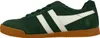 Side view of a green suede sneaker with white stripes and a brown rubber sole. Produktbild-Vorschau