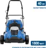A blue electric lawnmower is shown from the front on a white background. Produktbild-Vorschau