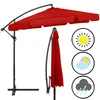 A red cantilever umbrella is shown in its open and closed positions, with icons indicating sun, clouds, and rain. Anteprima dell’immagine prodotto