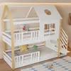 A children's bunk bed with a house-like design, featuring two beds, a staircase, and decorative elements like stuffed animals and pillows. Podgląd zdjęcia produktu
