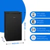 A black mini refrigerator with product features and dimensions displayed. The image is overlaid with promotional text and icons. Produktbild-Vorschau