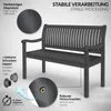 A dark gray wooden garden bench with text and diagrams highlighting its features. Náhled obrázku produktu
