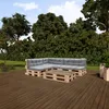 An outdoor seating area with a sectional sofa and coffee table made from wooden pallets, set on a wooden deck. Produktbild-Vorschau