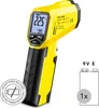 A yellow and black infrared thermometer is shown against a white background. There is also an illustration of a 9V battery and a '1x' indicator. Produktbild-Vorschau