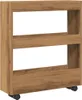 A narrow, three-tier storage cart with an artisan oak wood finish and black wheels, shown against a white background. Náhľad obrázku produktu