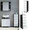 A bathroom vanity and a tall cabinet with drawers, presented in a collage format. Produktbild-Vorschau