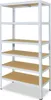 A white metal shelving unit with wooden shelves against a white background. Anteprima dell’immagine prodotto