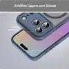 A close-up of a blue phone case with camera lens cutouts, placed over a phone screen. Produktbild-Vorschau