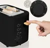 A close-up shot of a black toaster with two slices of bread inside, and a hand pressing down the lever. A dial with settings and a diagram are visible in the background. Produktbild-Vorschau