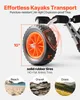 Close-up of a kayak trolley wheel with dimensions and text highlighting features. Anteprima dell’immagine prodotto