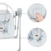 Close-up views of a baby swing, highlighting its features like the headrest and harness. Produktbild-Vorschau