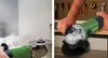 A collage of two images showing an angle grinder. The left image shows the grinder in use outdoors, possibly in a snowy environment. The right image shows the grinder being held by a person in a workshop setting, with tools on a pegboard in the background. Produktbild-Vorschau
