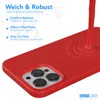 A red silicone phone case is shown with liquid red material pouring onto it, creating ripples. Text overlays describe the features of the case. Produktbild-Vorschau