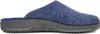 A side view of a blue felt slipper with a gray sole. Voir les images du produit