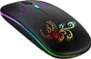 A black wireless mouse with colorful LED lights and a phoenix design. Produktbild-Vorschau