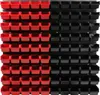 A wall-mounted storage system with multiple red and black bins. Produktbild-Vorschau