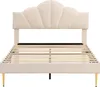 A beige upholstered bed frame with a fan-shaped headboard and wooden slats for mattress support, shown against a white background. Náhled obrázku produktu