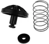 A product shot of disassembled parts of a black object, including a plunger-like piece with a fan-shaped top, a coiled spring, and a flat washer, all on a white background. Produktbild-Vorschau
