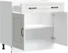 A white kitchen cabinet with a drawer and two doors, one of which is open to reveal shelves. Náhľad obrázku produktu