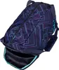 A navy blue backpack with a geometric pattern in blue, purple, and teal lines. The main compartment is open, revealing a teal lining. Produktbild-Vorschau