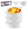 A collage showing a set of three white ceramic oven dishes, one filled with a baked dish, and a product box. Náhled obrázku produktu