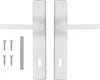 A set of white door handles and screws on a white background. Anteprima dell’immagine prodotto