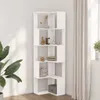 A white corner bookshelf with decorative items on its shelves, placed in a room with a plant and curtains. Anteprima dell’immagine prodotto
