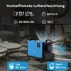 A blue dehumidifier is shown in a living room setting, with graphics highlighting its features. Voir les images du produit